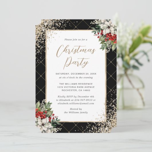 Elegant Black Gold Botanical Christmas Party Kaart (Staand voorkant)