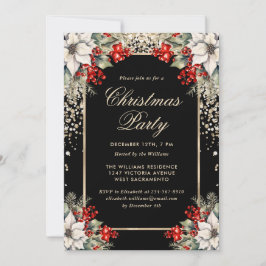 Elegant Black Gold Botanical Christmas Party Kaart