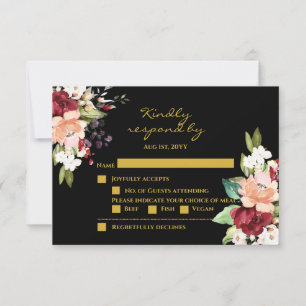 Élégant Black Gold Bourgogne Blush Floral RSVP Car