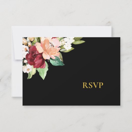 Elegant Black Gold Burgundy Blush Floral RSVP (Achterkant)