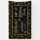 Elegant Black Gold Butterflies 18e verjaardag Spandoek (Verticaal)