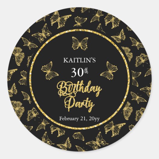 Elegant Black Gold Butterflies 30e verjaardag Ronde Sticker (Voorkant)