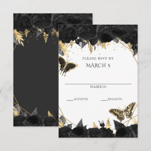Elegant Black Gold Butterflies Quinceanera RSVP Kaartje