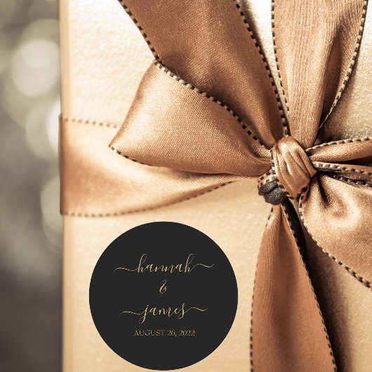 Elegant Black Gold Calligraphy Wedding Ronde Sticker