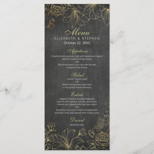 Elegant Black Gold Chalkboard Floral Wedding Menu (Voorkant)