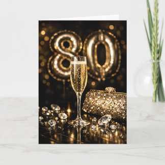 Elegant Black & Gold Champagne 80th Birthday Kaart