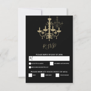 Elegant Black Gold Chandelier Wedding RSVP Kaartje