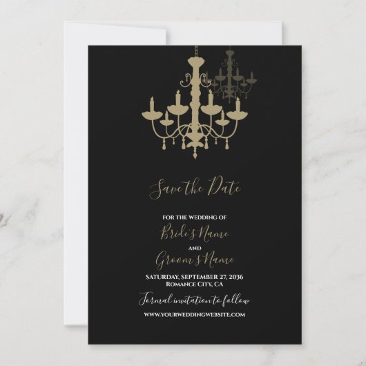 Elegant Black Gold Chandelier Wedding Save The Date (Voorkant)