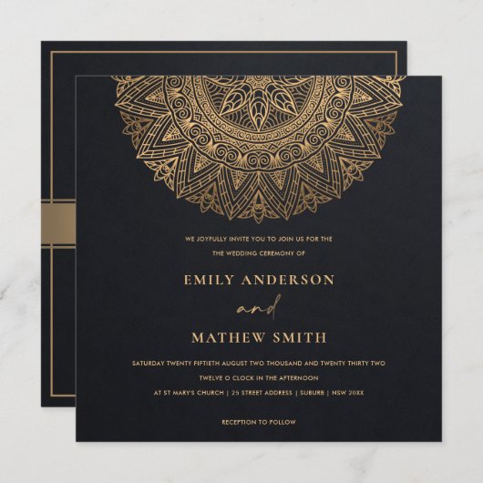 ELEGANT BLACK GOLD CLASSIC MANDALA WEDING KAART (Voorkant / Achterkant)