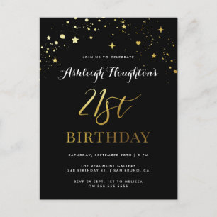 Elegant Black & Gold Confetti 21e verjaardag Uitnodiging Briefkaart