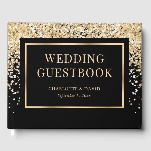 Elegant Black Gold Confetti Wedding Gastenboek (Voorkant)