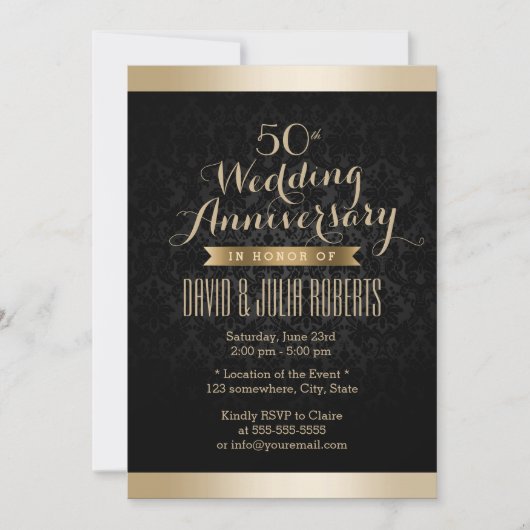 Elegant Black & Gold Damask Wedding Jubileum Kaart (Voorkant)