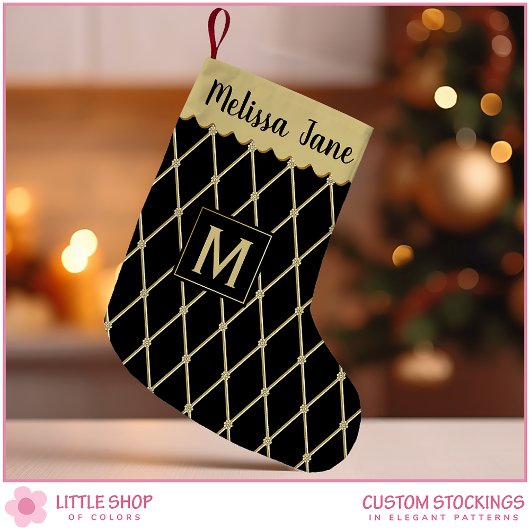 Elegant Black Gold Diamond Pattern Monogram Kleine Kerstsok