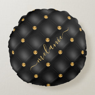 Elegant Black Gold Diamond Tufted Luxury Jouw naam Rond Kussen