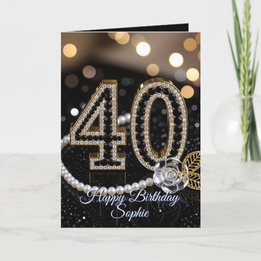 Elegant Black Gold Diamonds Pearls 40th Birthday Kaart (Voorkant)