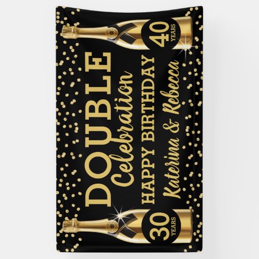 Elegant Black & Gold Double Birthday Party Spandoek (Verticaal)