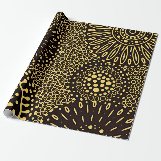 Elegant Black Gold Ethnic Floral Wrapping Paper Cadeaupapier (Uitgerold)