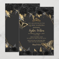 Elegant Black Gold Floral Butterfly Quinceañera