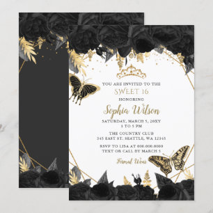 Elegant Black Gold Floral Butterfly Sweet 16 Kaart