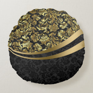 Elegant Black & Gold Floral Damaskers Rond Kussen