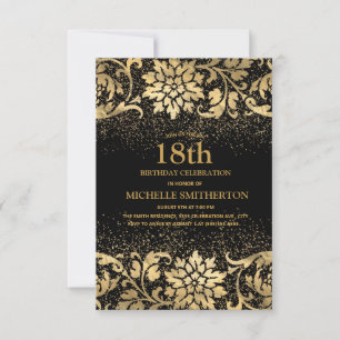 Elegant Black Gold Floral Glitter 18th Birthday Kaart