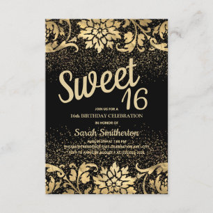 Elegant Black Gold Floral Glitter Sweet 16 Kaart