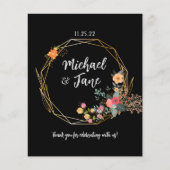 Elégant Black Gold Floral Mariage Carte de remerci (Devant)