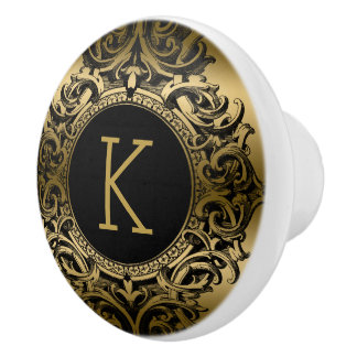 Elegant Black & Gold Floral Ornament Keramische Knop