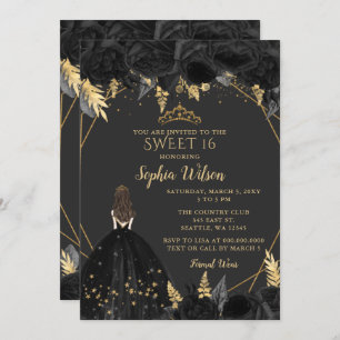 Elegant Black Gold Floral Princess SWEET 16 Kaart