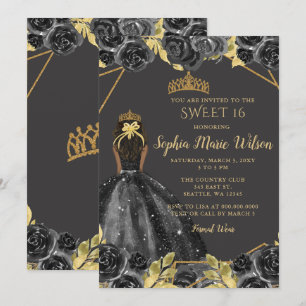 Elegant Black Gold Floral Princess SWEET 16 Kaart