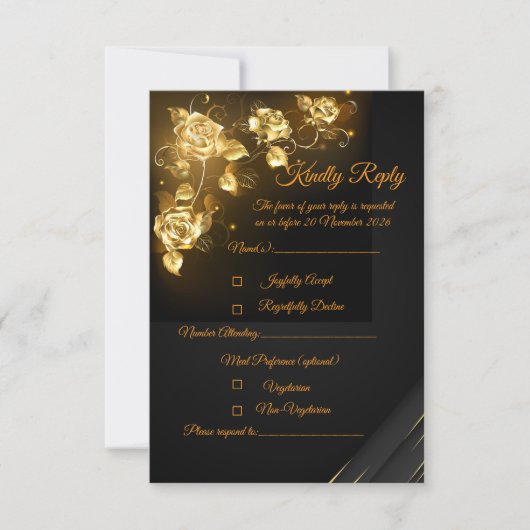 Elegant Black & Gold Floral RSVP Card | (Devant)