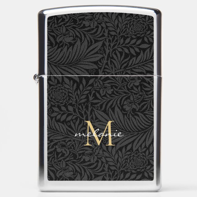 Elegant Black Gold Floral Script Monogram (Voorkant)