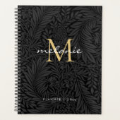Elegant Black Gold Floral Script Monogram Agenda (Voorkant)