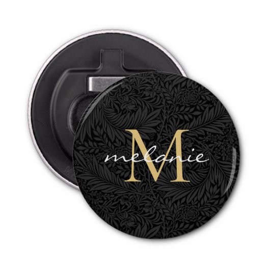 Elegant Black Gold Floral Script Monogram Button Flesopener (Voorkant)