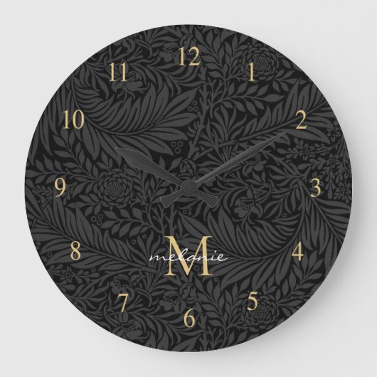 Elegant Black Gold Floral Script Monogram Grote Klok (Voorkant)