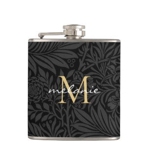 Elegant Black Gold Floral Script Monogram Heupfles
