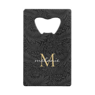 Elegant Black Gold Floral Script Monogram Kredietkaart Flessenopener