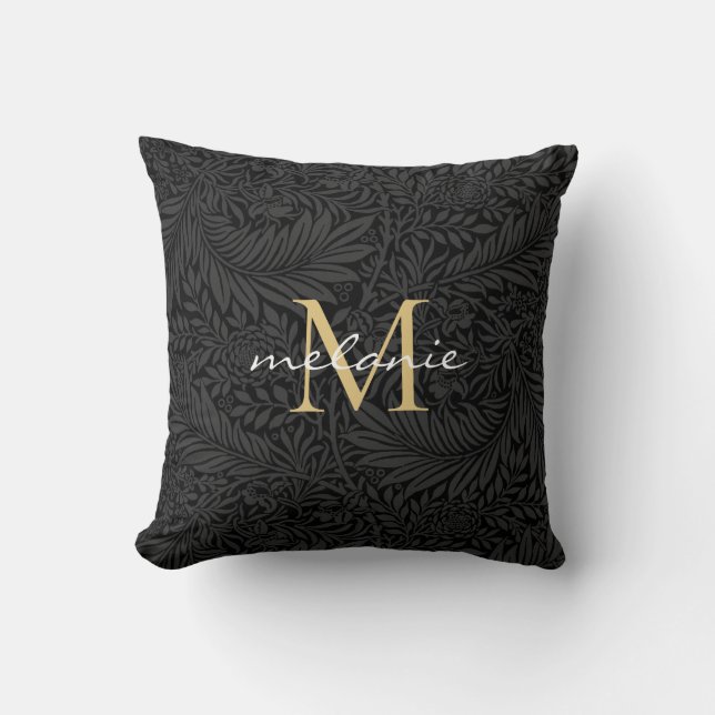 Elegant Black Gold Floral Script Monogram Kussen (Voorkant)