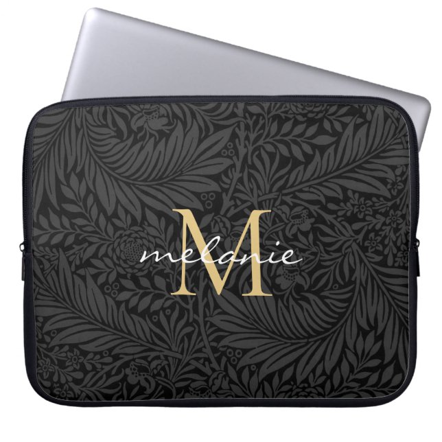 Elegant Black Gold Floral Script Monogram Laptop Sleeve (Voorkant)