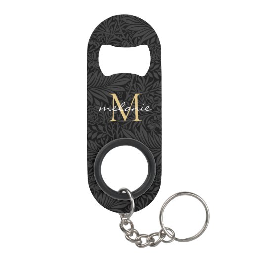 Elegant Black Gold Floral Script Monogram Mini Flessenopener (Achterkant)