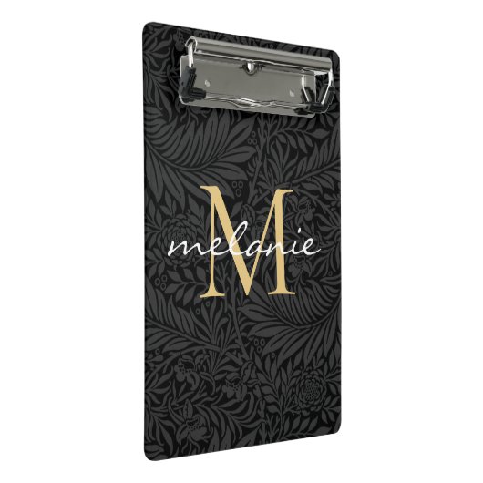 Elegant Black Gold Floral Script Monogram Mini Klembord (Schuin)