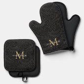 Elegant Black Gold Floral Script Monogram Ovenwant & Pannenlap Set (Voorkant / Achterkant)