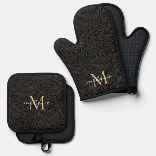 Elegant Black Gold Floral Script Monogram Ovenwant & Pannenlap Set (Voorkant / Achterkant)