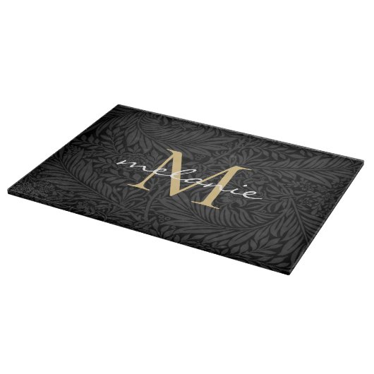 Elegant Black Gold Floral Script Monogram Snijplank (Hoek)