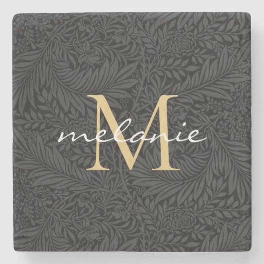 Elegant Black Gold Floral Script Monogram Stenen Onderzetter (Voorkant)