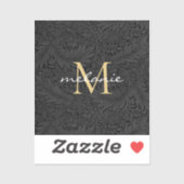 Elegant Black Gold Floral Script Monogram Sticker (Vel)