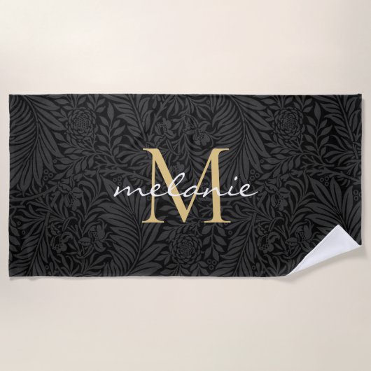 Elegant Black Gold Floral Script Monogram Strandlaken (Voorkant)