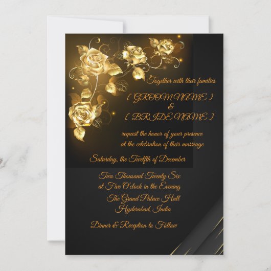 Elegant Black & Gold Floral Wedding Invitation (Devant)