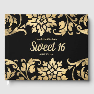 Elegant Black Gold Flowers Sweet 16 Birthday Gastenboek