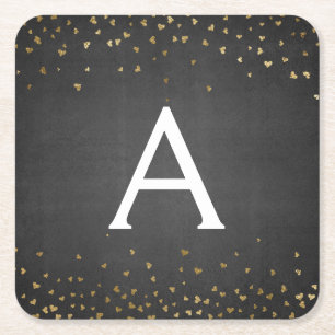 Elegant Black - Gold Foil Confetti Monogram Vierkante Kartonnen Onderzetter